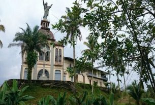 El templo católico de Puerto Merizalde con su cristo visto detrás de árboles y palmas.