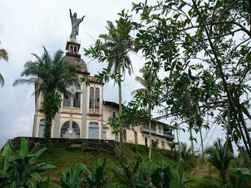 El templo católico de Puerto Merizalde con su cristo visto detrás de árboles y palmas.