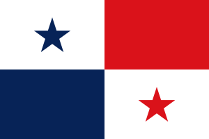 Bandera de Panamá: un rectángulo dividido en cuatro cuarteles: el superior izquierdo es una estrella azul de cinco puntas sobre fondo blanco; el superior derecho es de color rojo; el inferior izquierdo es de color azul; y el inferior derecho es una estrella roja de cinco puntas sobre fondo blanco