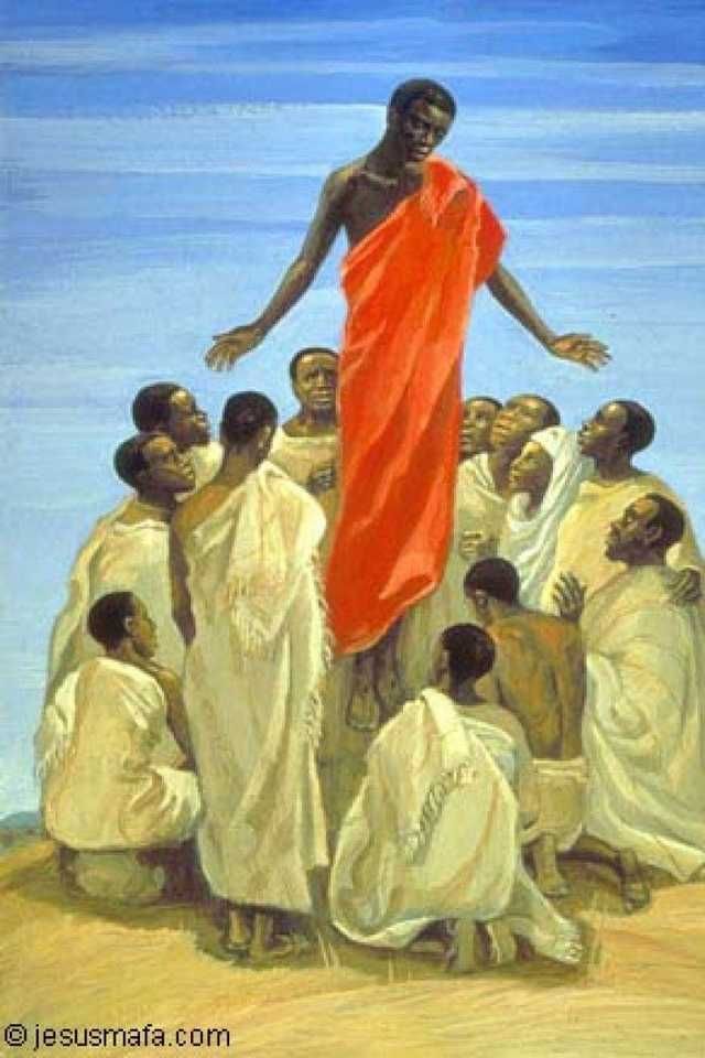 Jesús asciende al cielo en medio de sus discípulos desde la visión del pueblo mafa de Camerún, en una pintura del sitio web JesusMafa.com, ya desaparecido.