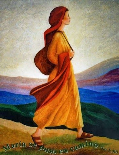 Pintura donde se ve a un joven con indumentaria oriental sencilla que camina con un bolso. Las montañas de colores del fondo se iluminan como si ella tapara al sol. Abajo, en una línea curva se lee -María se puso en camino- y más pequeño -(Lc 1,59)-.