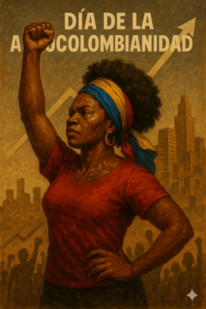 Día de la Afrocolombianidad: Mujer afro fuerte y seria con camisa roja y balaca tricolor, levanta el puño con la ciudad, varios puños pequeños levantados y un gráfico positivo como fondo.